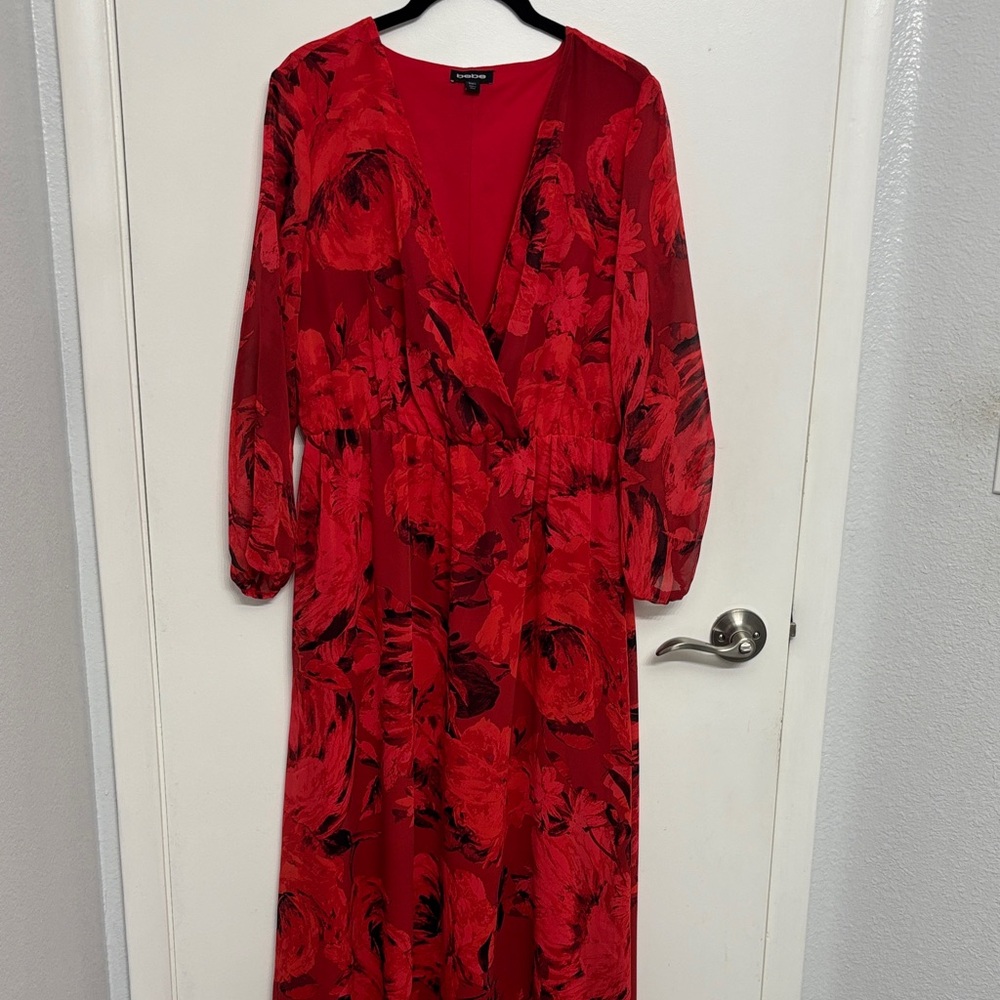 bebe Red and Black Floral Long Sleeve Dress
